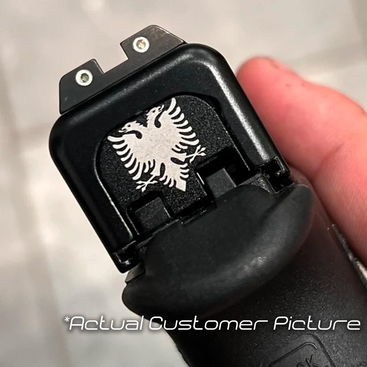 Custom Laser Engraved Glock 17 Backplate displaying  Albania Eagle