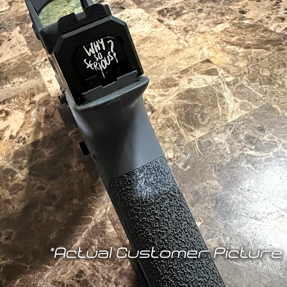 Custom Laser Engraved Glock 19 Slide Back Plate form a customer with the text Why So Serious?