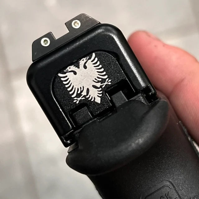 Full Size Glock backplate with the Albanian Eagle engraved on it