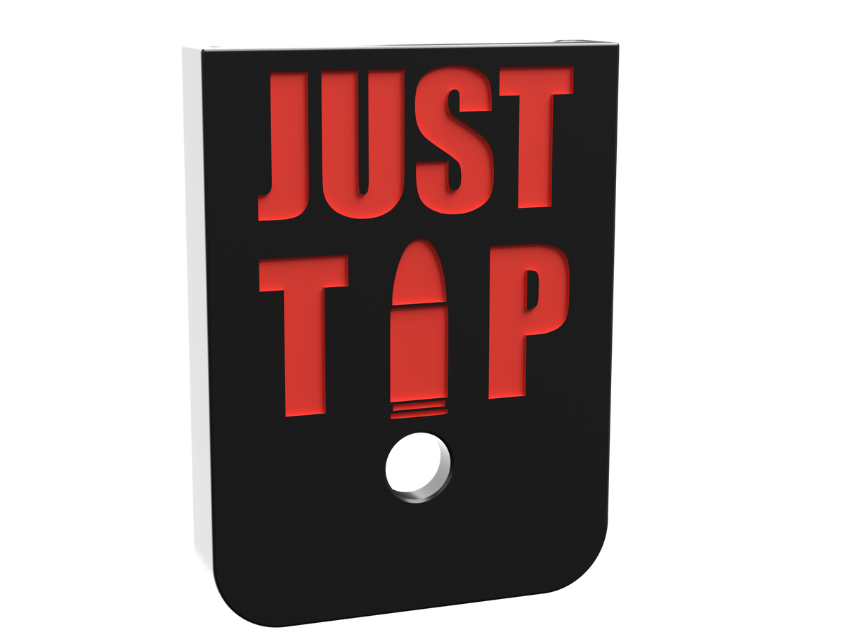 Justthetipfilled on Double Stack Mag plate, deep engraving with red infill