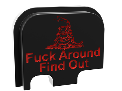 FAFO snake backplate, Glock 42 size, deep engraving with red infill on black Cerakote