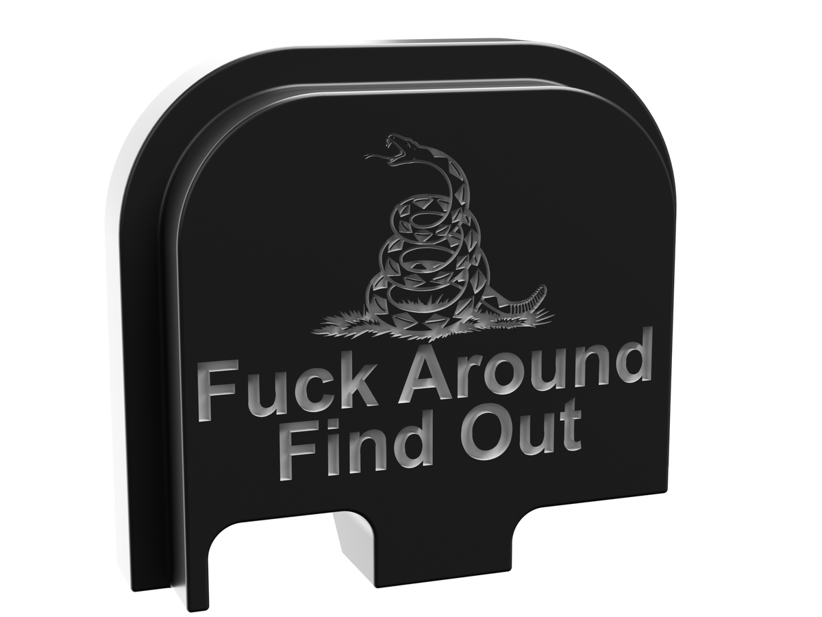 FAFO snake backplate, compact size, deep engraving on black Cerakote