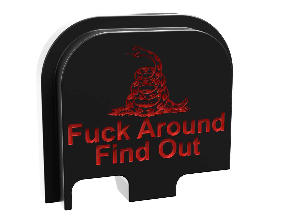 FAFO snake backplate, compact size, deep engraving with red infill on black Cerakote