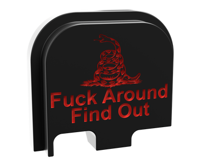 FAFO snake backplate, compact size, deep engraving with red infill on black Cerakote