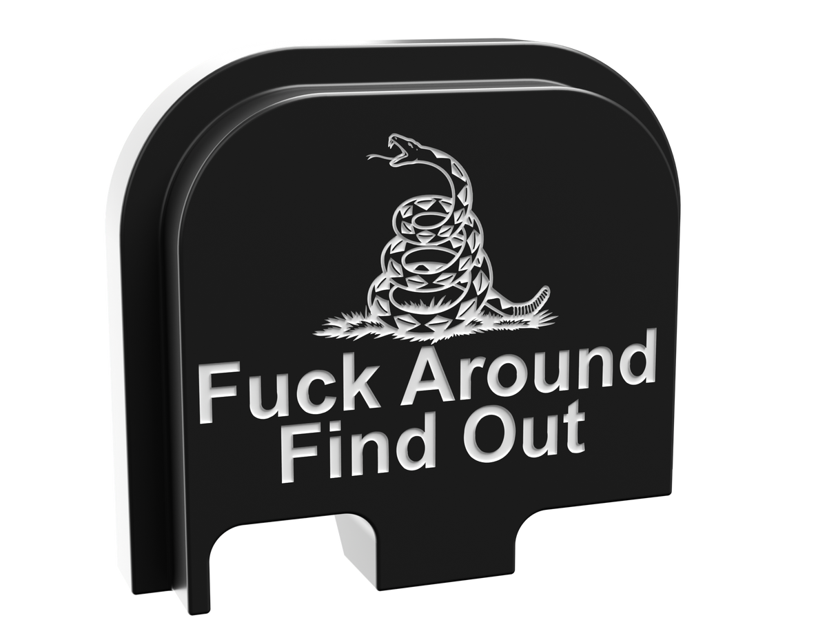 FAFO snake backplate, compact size, shallow white marking on black Cerakote