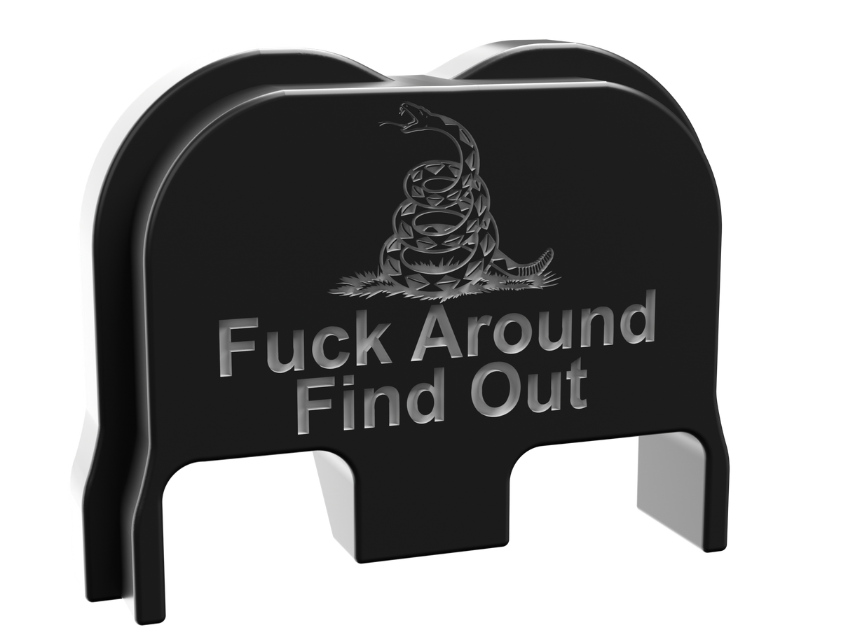 FAFO snake backplate, Gen 6 and Glock V size, deep engraving on black Cerakote