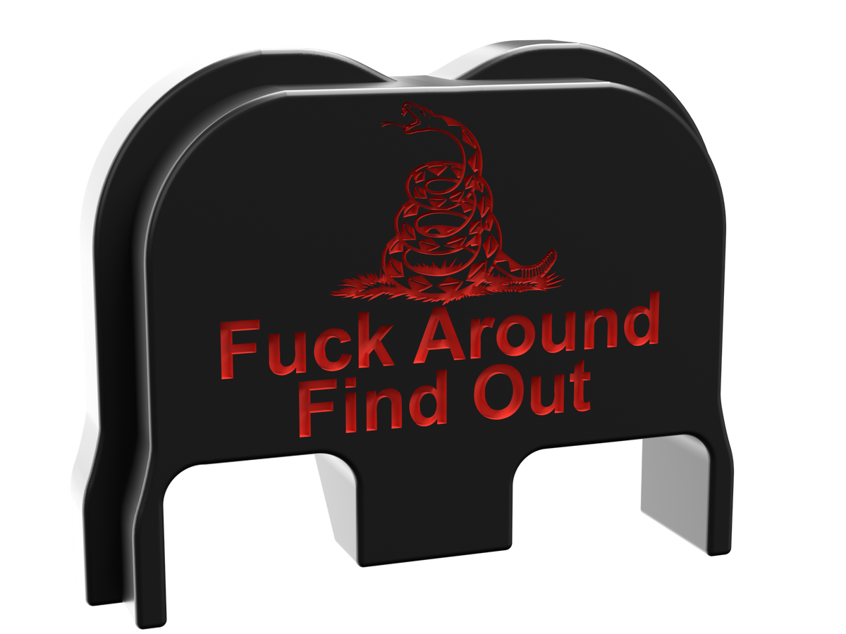 FAFO snake backplate, Gen 6 and Glock V size, deep engraving with red infill on black Cerakote