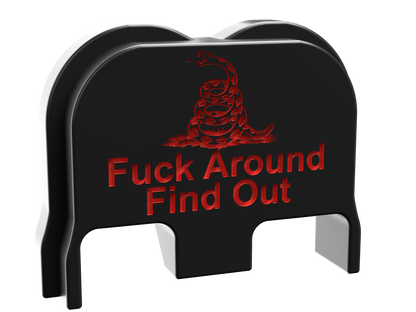 FAFO snake backplate, Gen 6 and Glock V size, deep engraving with red infill on black Cerakote