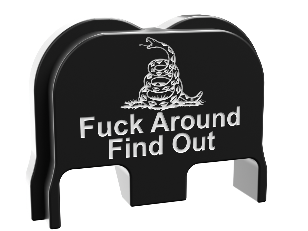 FAFO snake backplate, Gen 6 and Glock V size, shallow white marking on black Cerakote