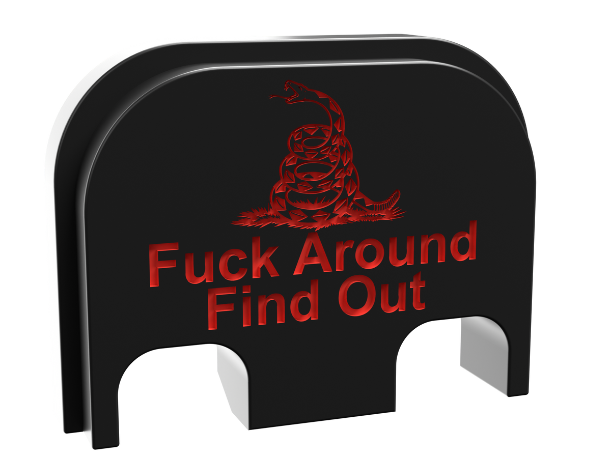 FAFO snake backplate, standard size, deep engraving with red infill on black Cerakote