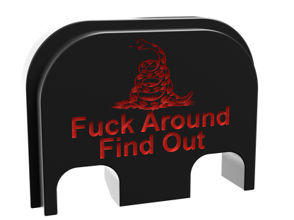 FAFO snake backplate, standard size, deep engraving with red infill on black Cerakote