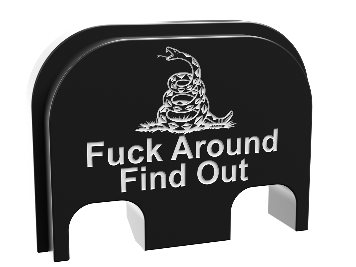 F*ck Around and Find Out snake backplate, standard size for Glock 19, shallow white marking on black Cerakote