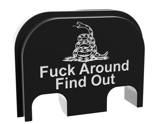 F*ck Around and Find Out snake backplate, standard size for Glock 19, shallow white marking on black Cerakote