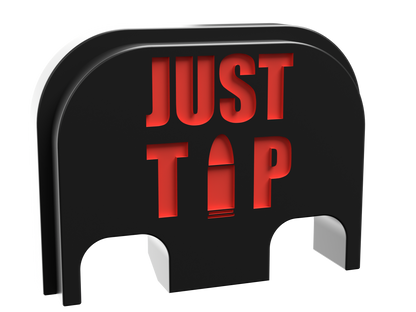 Just the Tip filled 9mm bullet backplate, standard size, deep engraving with red infill