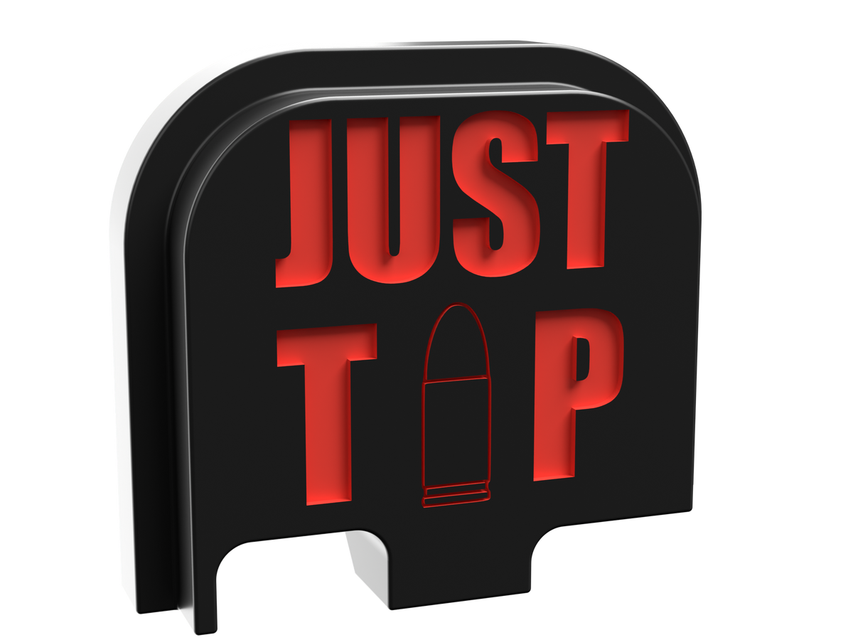 Just the Tip outline backplate, compact size, deep engraving with red infill