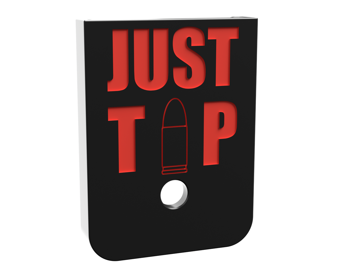 Just the Tip outline bullet Glock magazine base plate, double stack, deep engraving with red infill