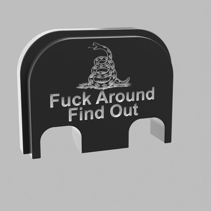 FAFO snake backplate, standard size, deep engraving with white infill on black Cerakote, turntable