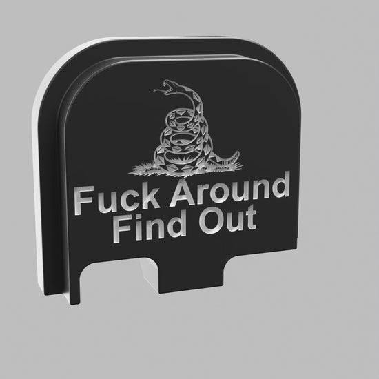 FAFO snake backplate, compact size, deep engraving with white infill on black Cerakote, turntable