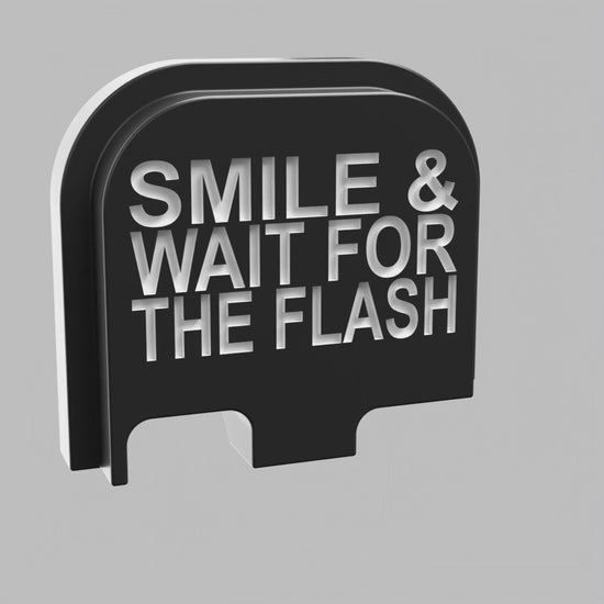 Smile & Wait For The Flash backplate, compact size, deep engraving with white infill, turntable view