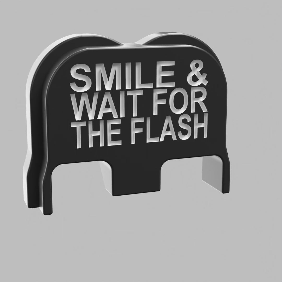 Smile & Wait For The Flash backplate, Gen 6 and V size, deep engraving with white infill, turntable view