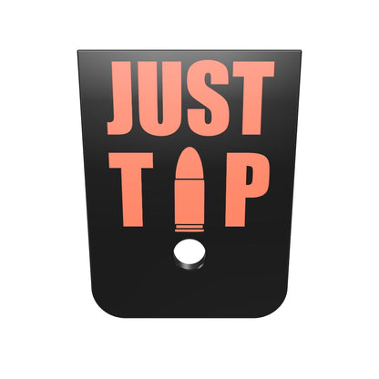 Justthetipfilled on Double Stack Mag plate, deep engraving with red infill