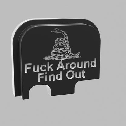 FAFO snake backplate, Glock 42 size, deep engraving with white infill on black Cerakote, turntable