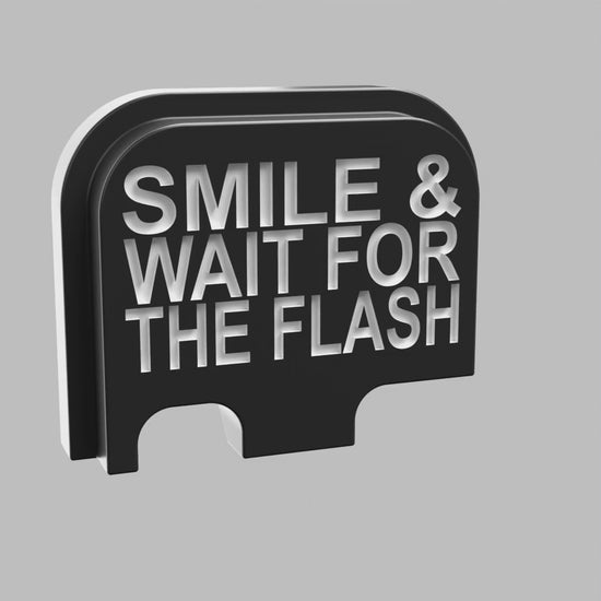 Smile & Wait For The Flash backplate, Glock 42 size, deep engraving with white infill, turntable view