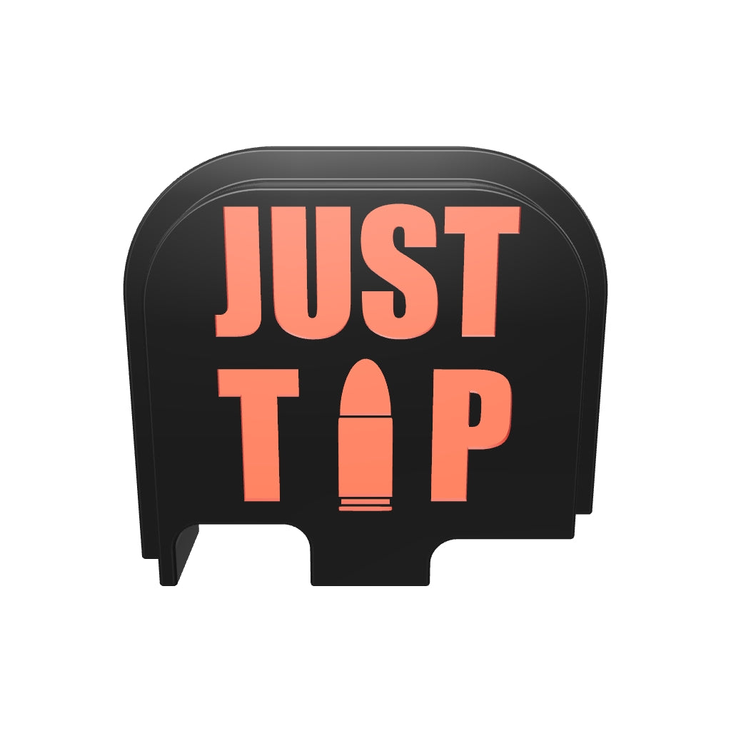 3D view of Just the Tip filled 9mm bullet backplate, compact size, deep engraving with red infill