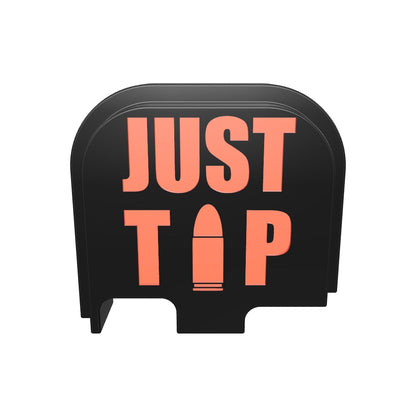 3D view of Just the Tip filled 9mm bullet backplate, compact size, deep engraving with red infill