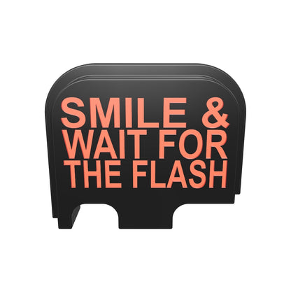 Smile & Wait For The Flash backplate, Glock 42 size, deep engraving with red infill, 3D view
