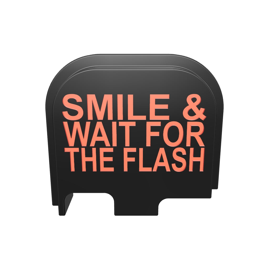 Smile & Wait For The Flash backplate, compact size, deep engraving with red infill, 3D view