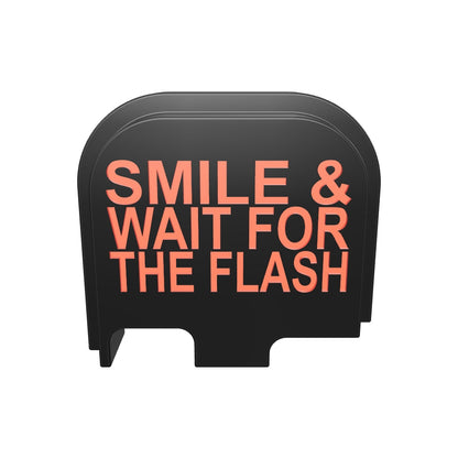 Smile & Wait For The Flash backplate, compact size, deep engraving with red infill, 3D view