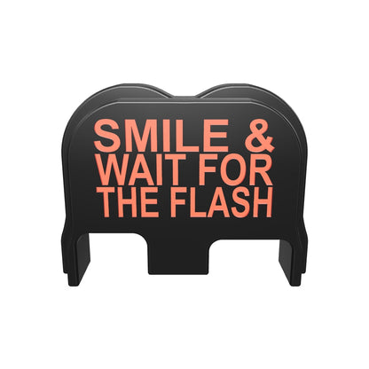 Smile & Wait For The Flash backplate, Gen 6 and V size, deep engraving with red infill, 3D view