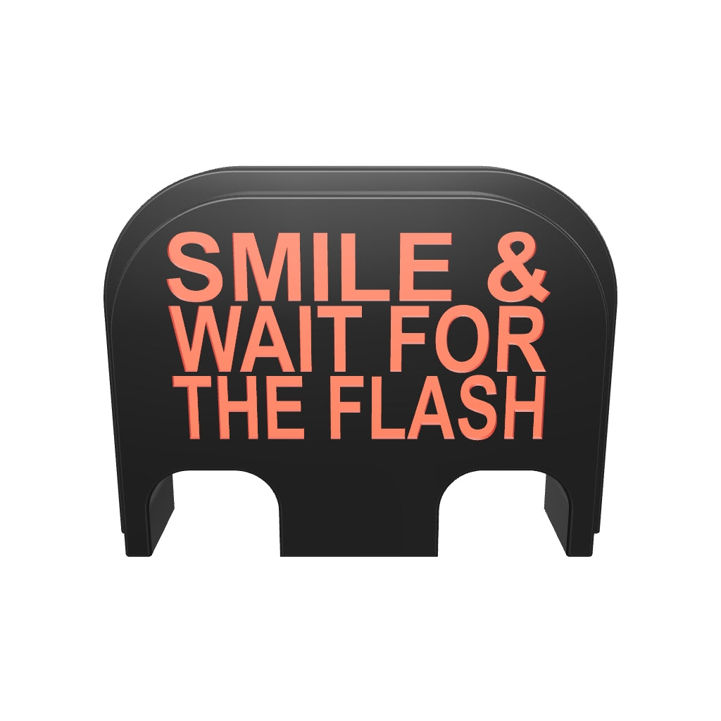 Smile & Wait For The Flash backplate, standard size, deep engraving with red infill, 3D view