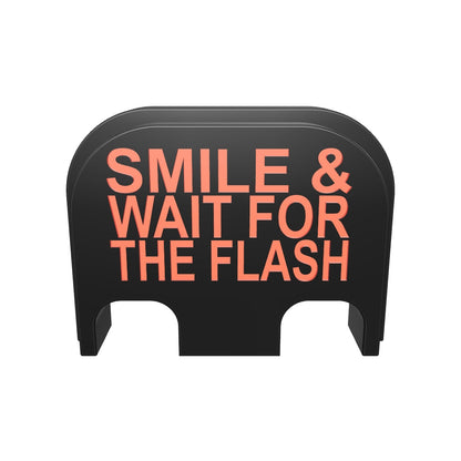 Smile & Wait For The Flash backplate, standard size, deep engraving with red infill, 3D view