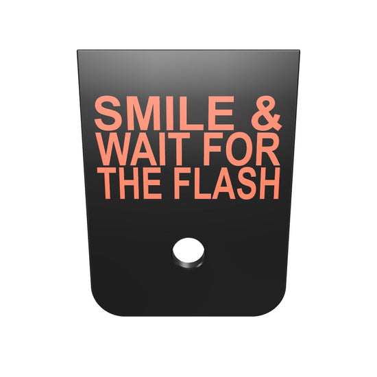 Smile & Wait For The Flash magazine base plate, double stack size, deep engraving, red infill, 3D model