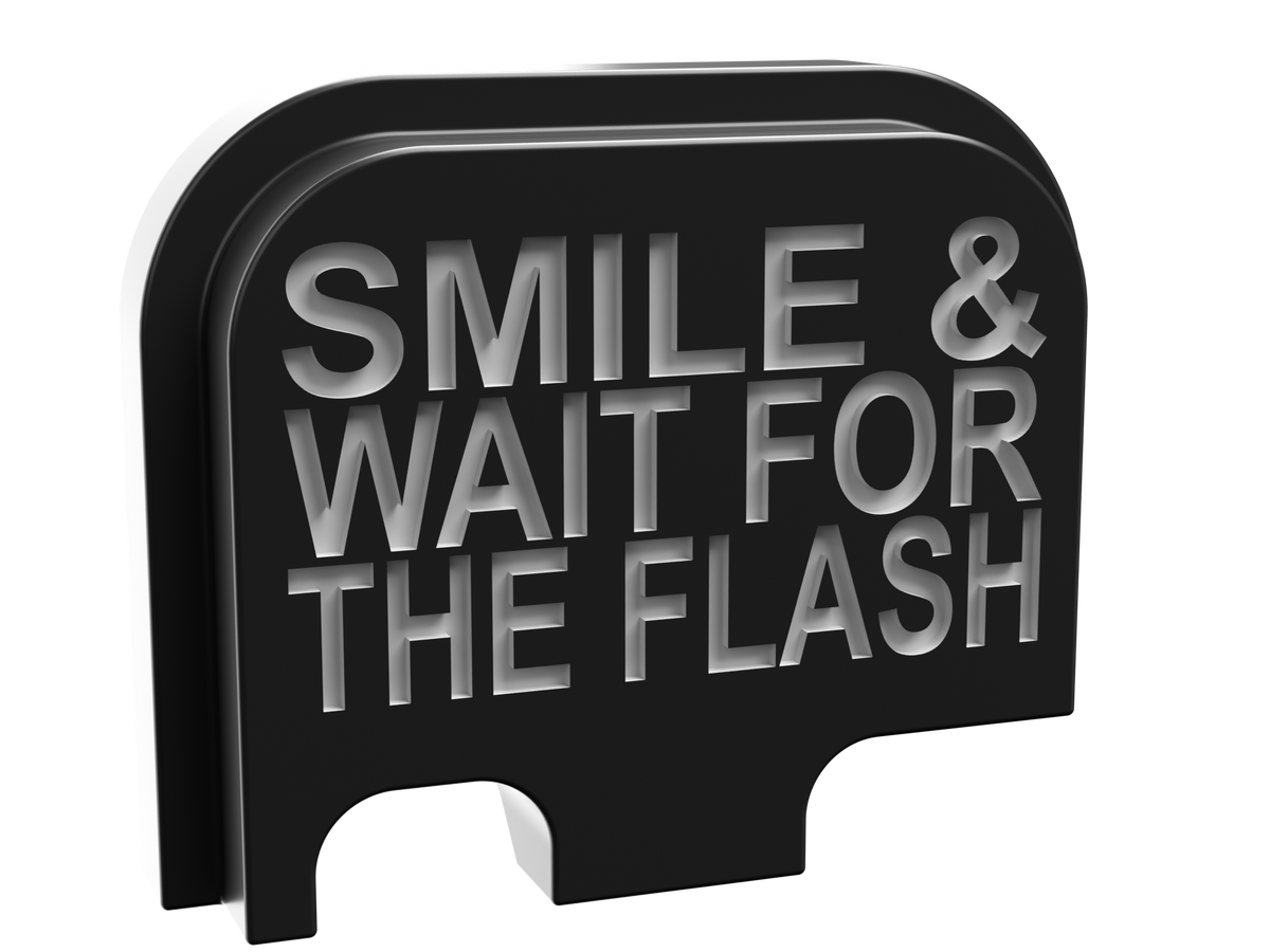 Smile & Wait For The Flash backplate, Glock 42 size, deep engraving with exposed metal