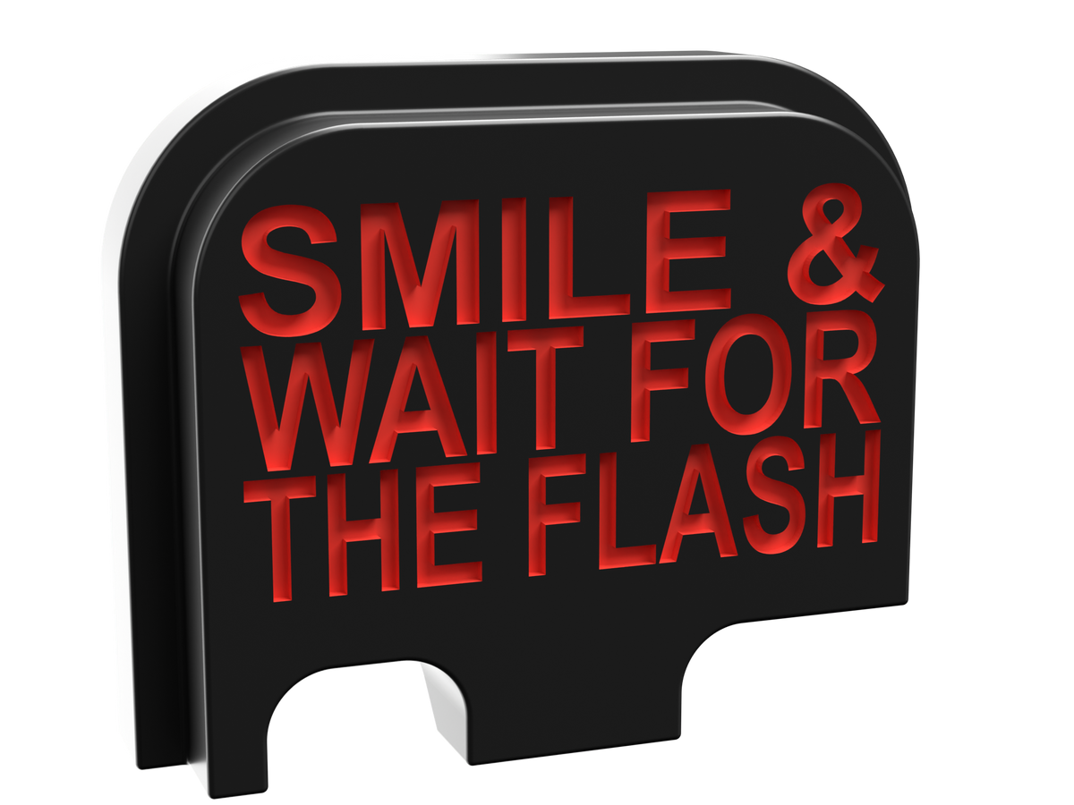 Smile & Wait For The Flash backplate, Glock 42 size, deep engraving with red infill