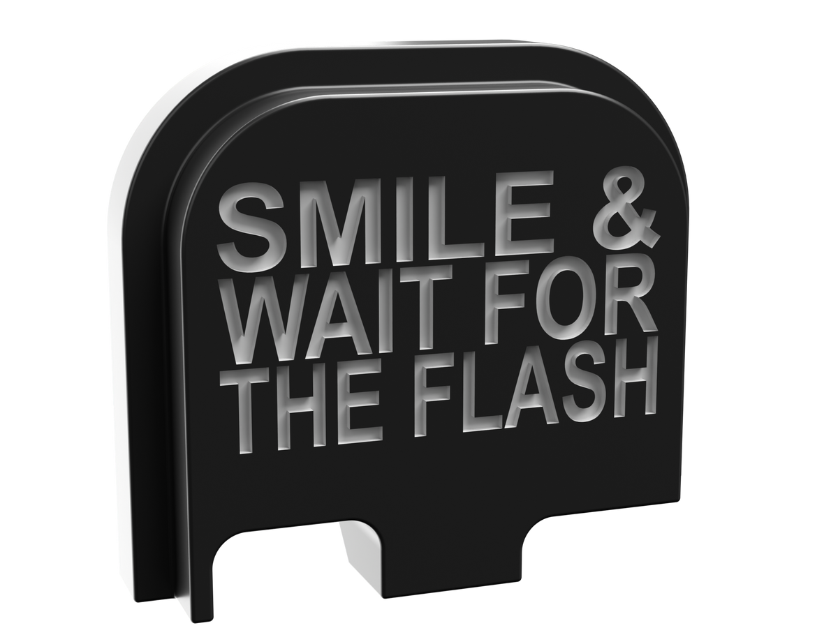 Smile & Wait For The Flash backplate, compact size, deep engraving with exposed metal
