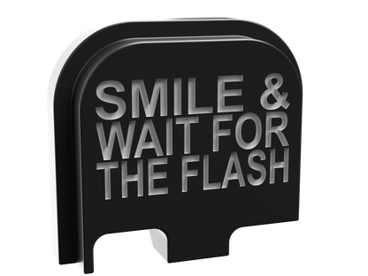 Smile & Wait For The Flash backplate, compact size, deep engraving with exposed metal