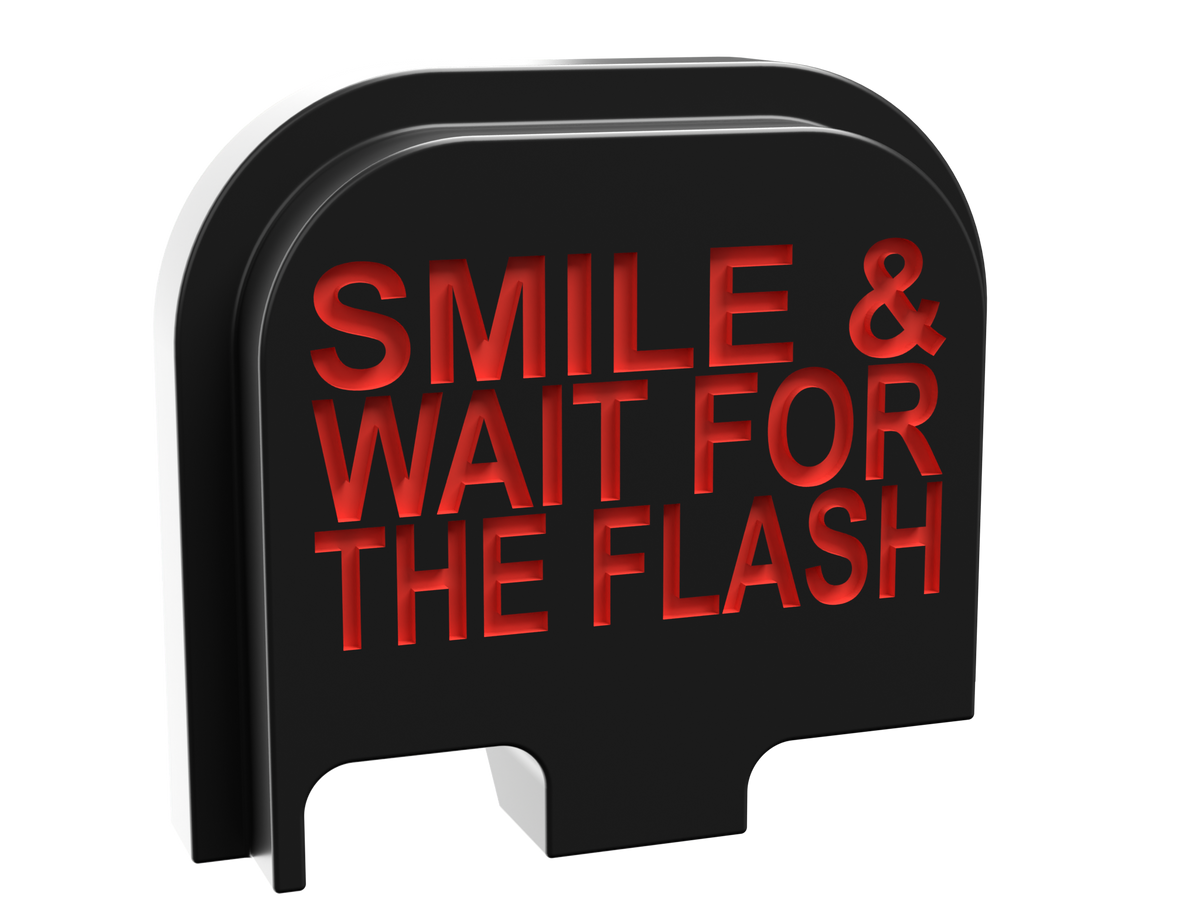 Smile & Wait For The Flash backplate, compact size, deep engraving with red infill