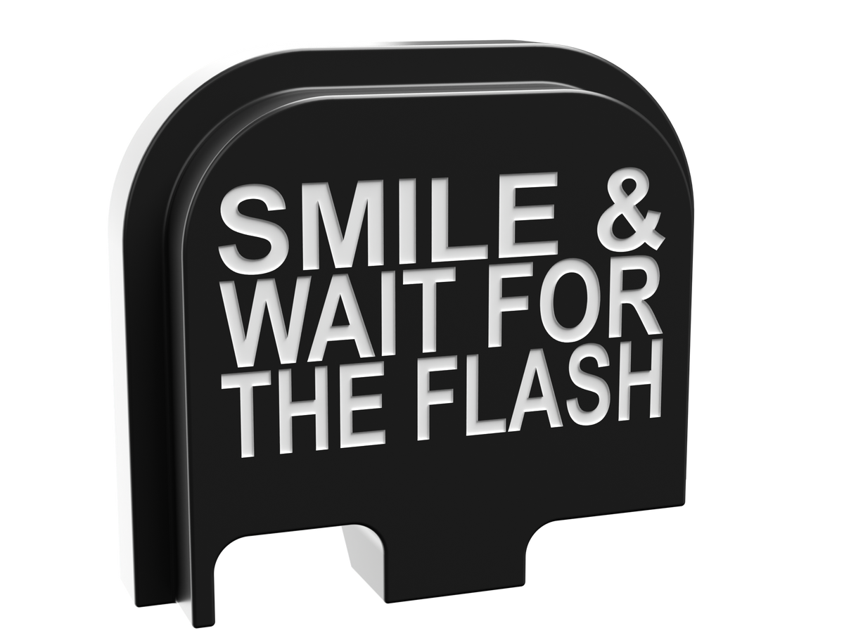 Smile & Wait For The Flash backplate, compact size for Glock 43X, shallow white marking