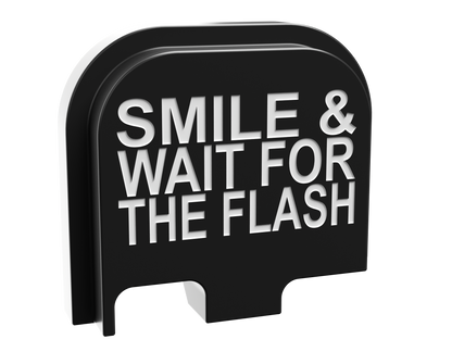 Smile & Wait For The Flash backplate, compact size for Glock 43X, shallow white marking