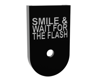 Smile & Wait For The Flash magazine base plate, compact size, deep engraving on black Cerakote