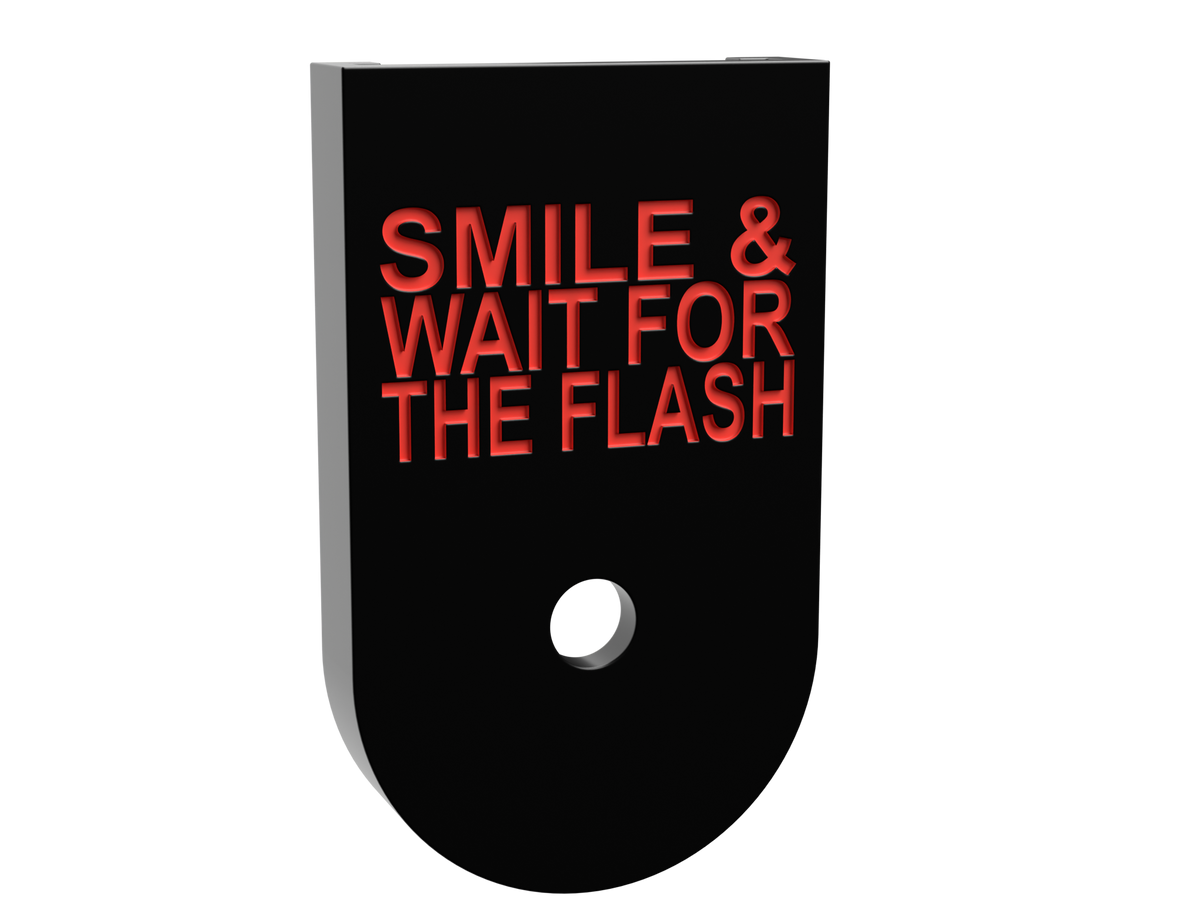 Smile & Wait For The Flash magazine base plate, compact size, deep engraving with red infill