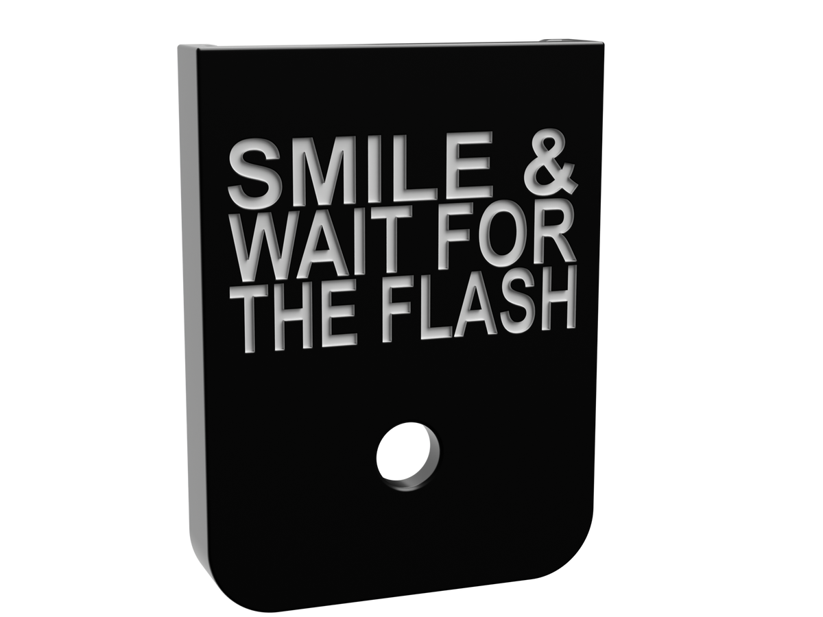 Smile & Wait For The Flash magazine base plate, double stack size, deep engraving on black Cerakote