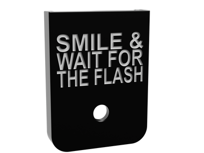 Smile & Wait For The Flash magazine base plate, double stack size, deep engraving on black Cerakote