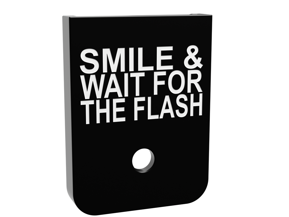 Smile & Wait For The Flash magazine base plate, double stack size, shallow white marking on black Cerakote
