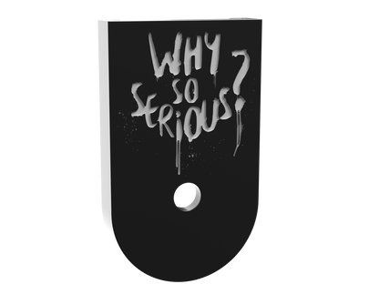 Why So Serious compact magazine base plate, deep engraving through black Cerakote to aluminum