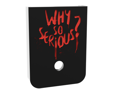 Why So Serious double stack magazine base plate, deep engraving with red infill on black Cerakote